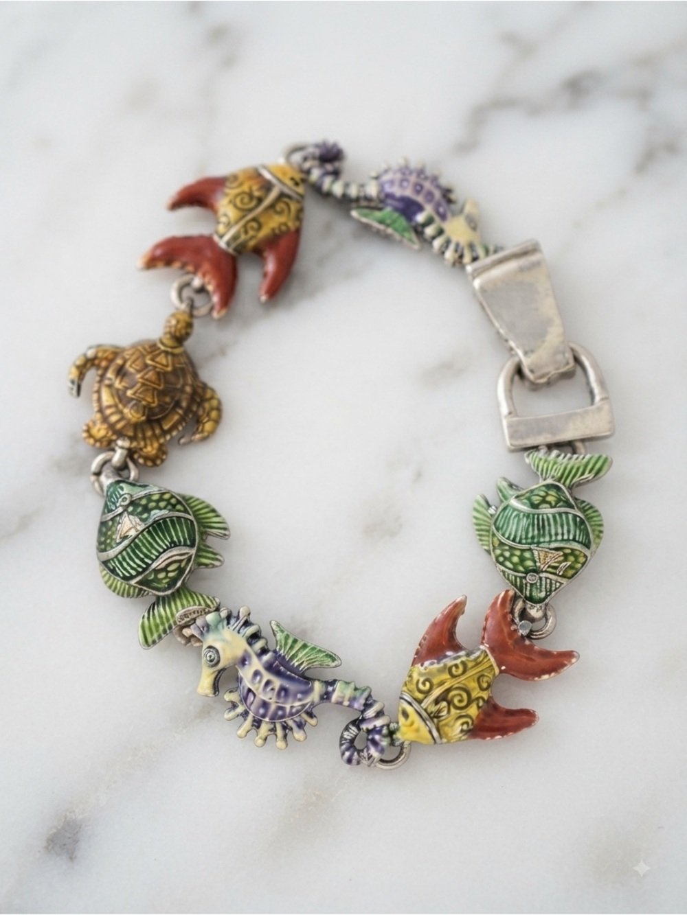 Vintage Colorful Enamel Sea Life Link Bracelet